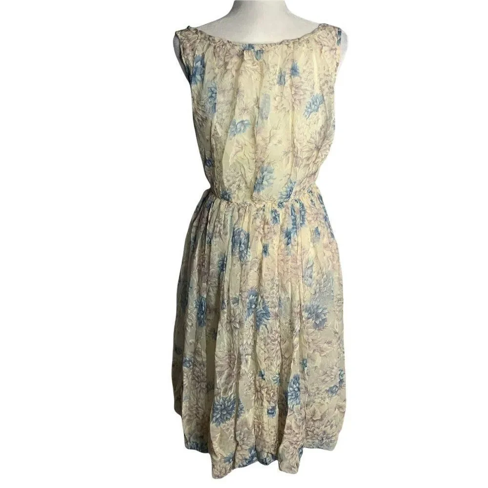 Vintage 50s Sleeveless Chiffon Swing Dress S Ivory Floral Pleated Lined Zip Snap